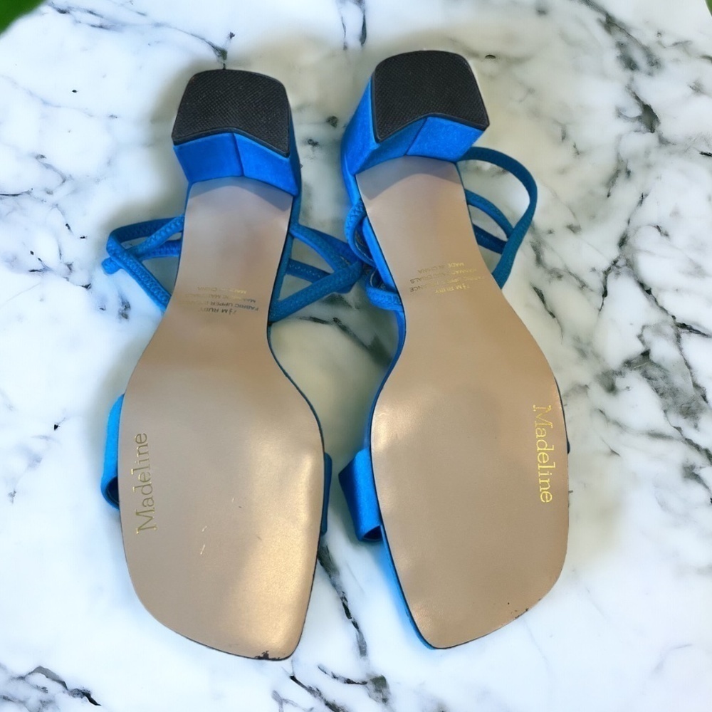 Y2K Madeline NEW Ruby Blue Satin Strappy Heels 7.5 Square Toe Block Heel - Picture 9 of 11